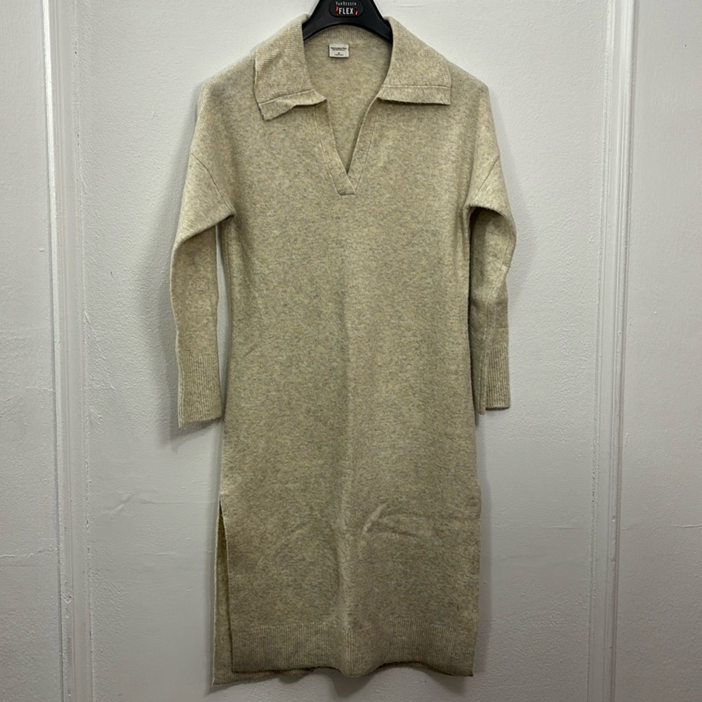 Abercrombie & Fitch Soft Wool Blend Collared V-Neck Midi Sweater Dress - Cream